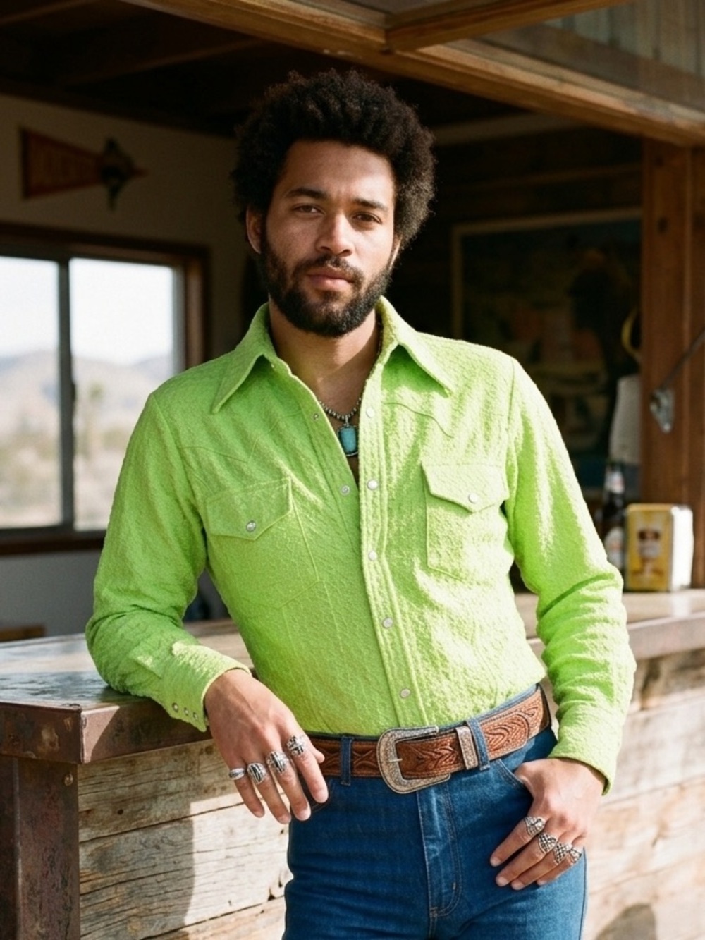 Vtg 70s Lime Green Barkcloth Pearl Snap Western Shirt Neon Textured Cowboy Disco